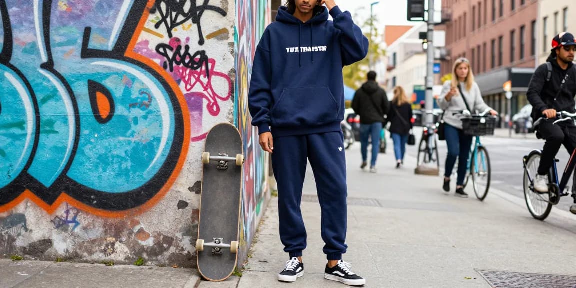 Tuta Trapstar in un ambiente urbano di streetwear, con graffiti e luci naturali.
