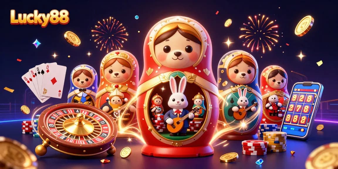 Experience Lucky88's vibrant casino magic with 3D characters celebrating amid dazzling elements.