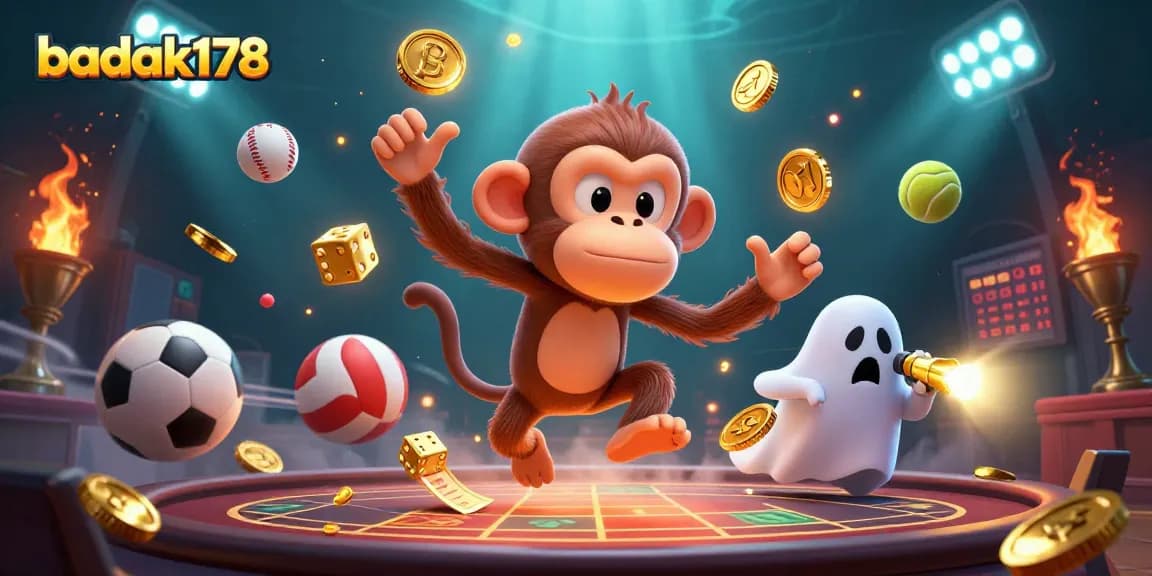 Engage in the thrilling world of badak178 with this vibrant illustration of a playful monkey and a curious puppy navigating a haunted casino.