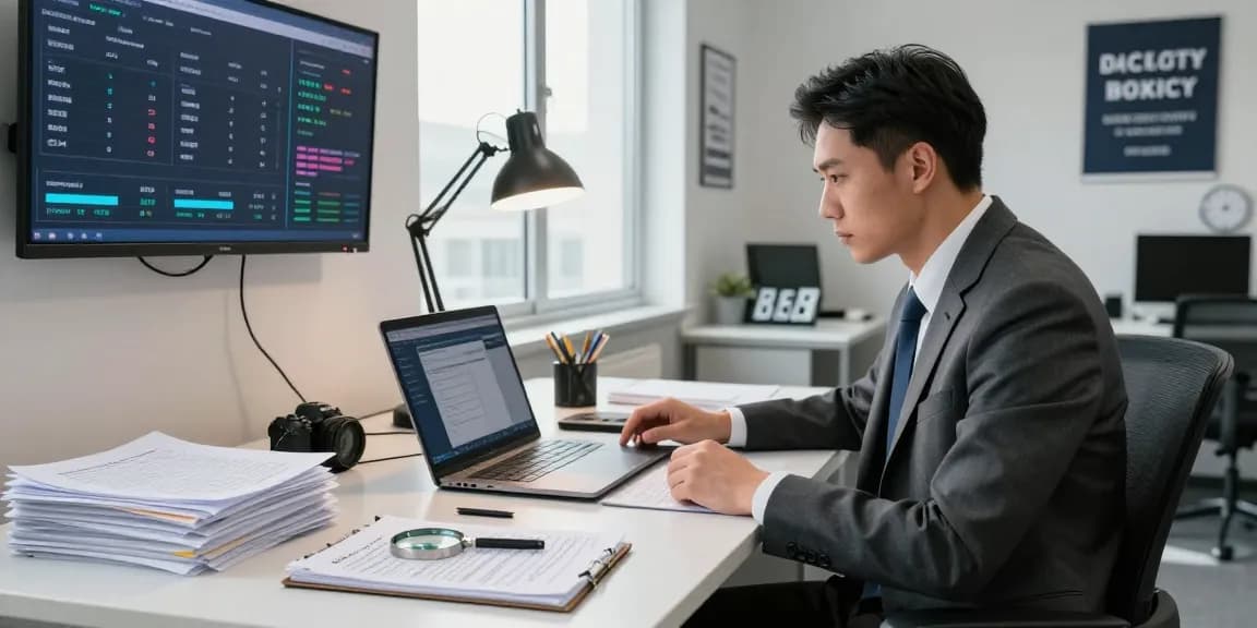 Professional workspace for document fraud detection with investigator analyzing data.