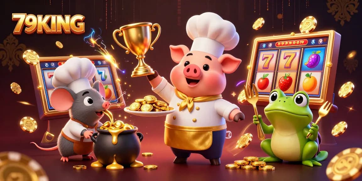 Experience wins at 79KING with vibrant slot games featuring flying gold coins and dynamic characters.