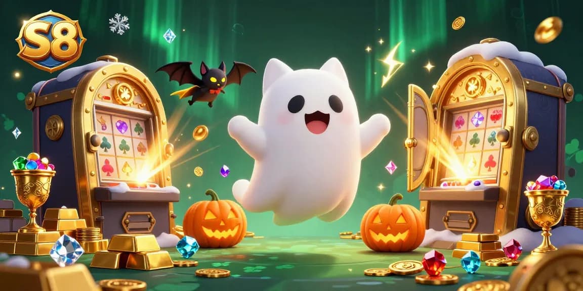 Engage in exciting gameplay at S8, featuring a magical ghost cat in a haunted casino scene.