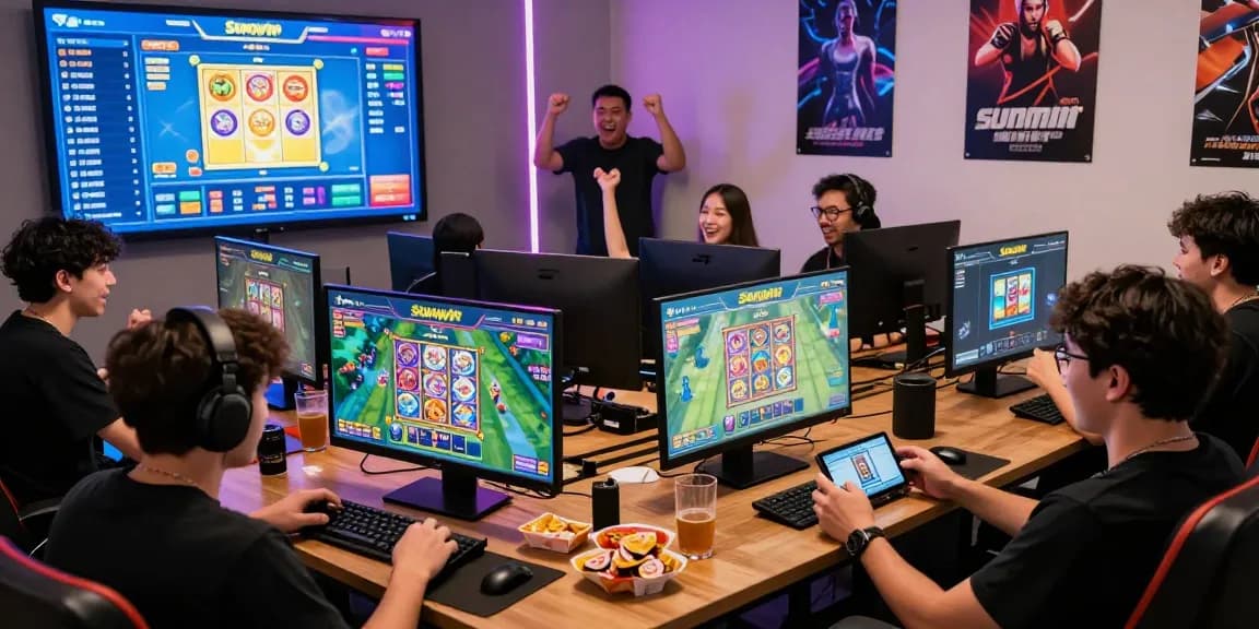 Exciting Sun win online gaming scene with diverse players engaged on mobile devices, showcasing vibrant game graphics.