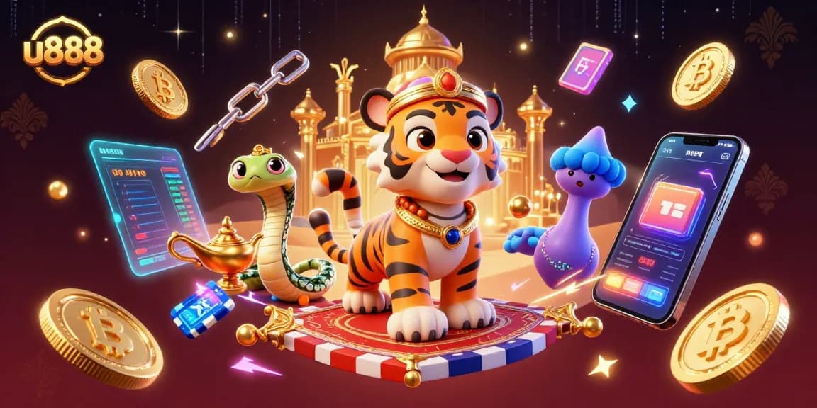 Experience u888's thrilling gaming with a vibrant illustration of a tiger sultan on a flying carpet.