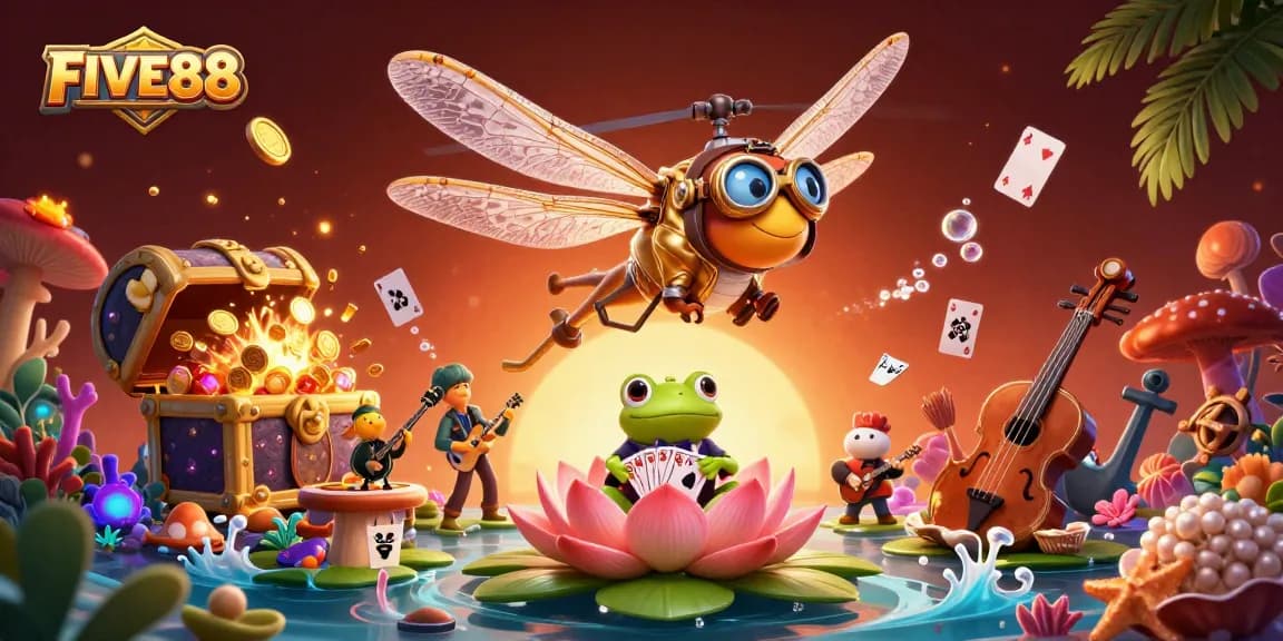 Engage with FIVE88's lively casino experience featuring a dragonfly pilot, frog dealer, and jazzy cricket band.