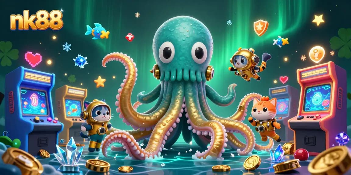 Experience thrilling gameplay with nk88 featuring a kraken, diving cat, and vibrant deep-sea creatures.