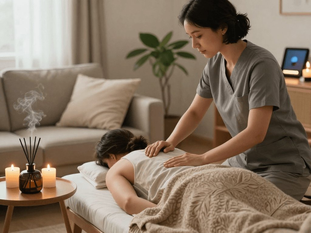 Enjoying a 출장마사지 session at home with a professional therapist in a calming environment, promoting relaxation and wellness.