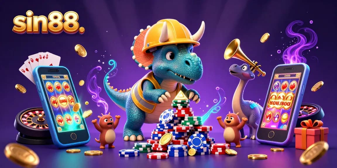 Experience excitement at sin88 with vibrant 3D characters surrounded by slot games and poker elements.