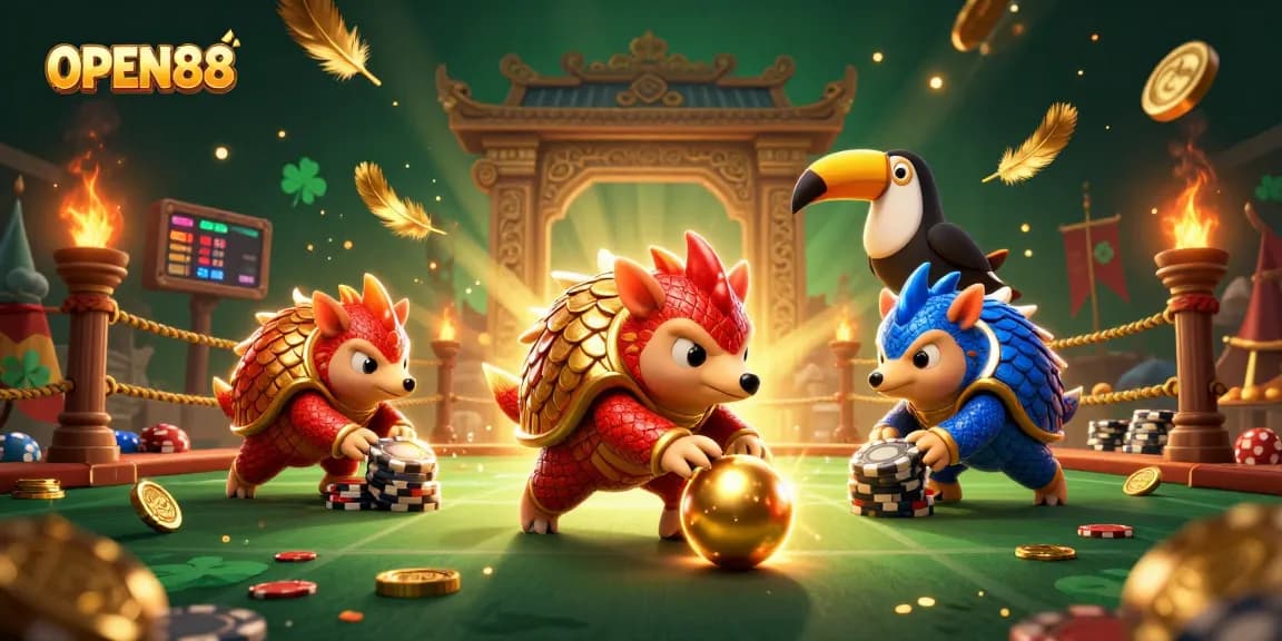 Experience thrilling games at OPEN88 with rival pangolins bowling through poker chips in a vibrant casino scene.