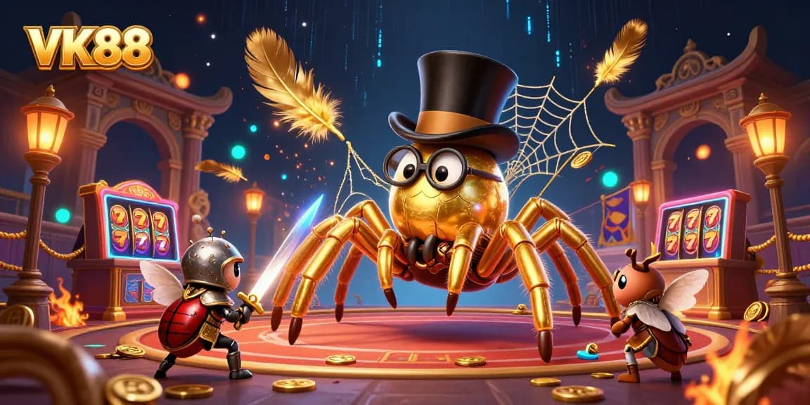 Experience thrilling fun at VK88 as a golden tarantula weaves its web amidst vibrant casino elements.