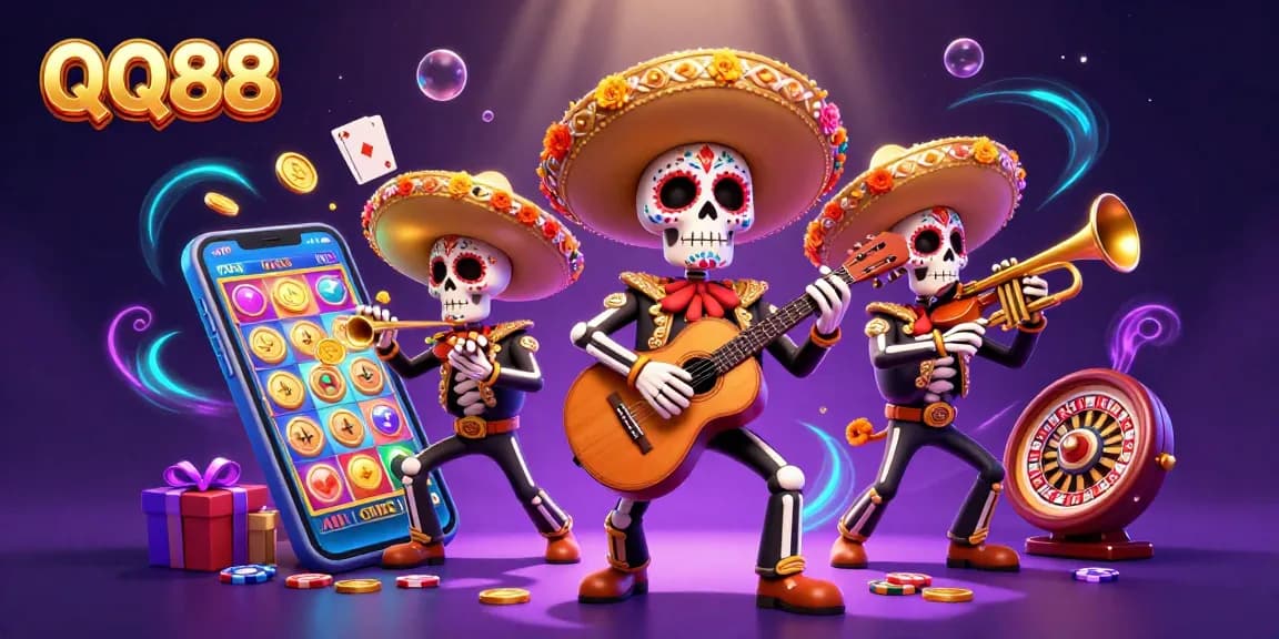Engage with QQ88's vibrant gaming experience featuring lively characters and exciting casino elements.