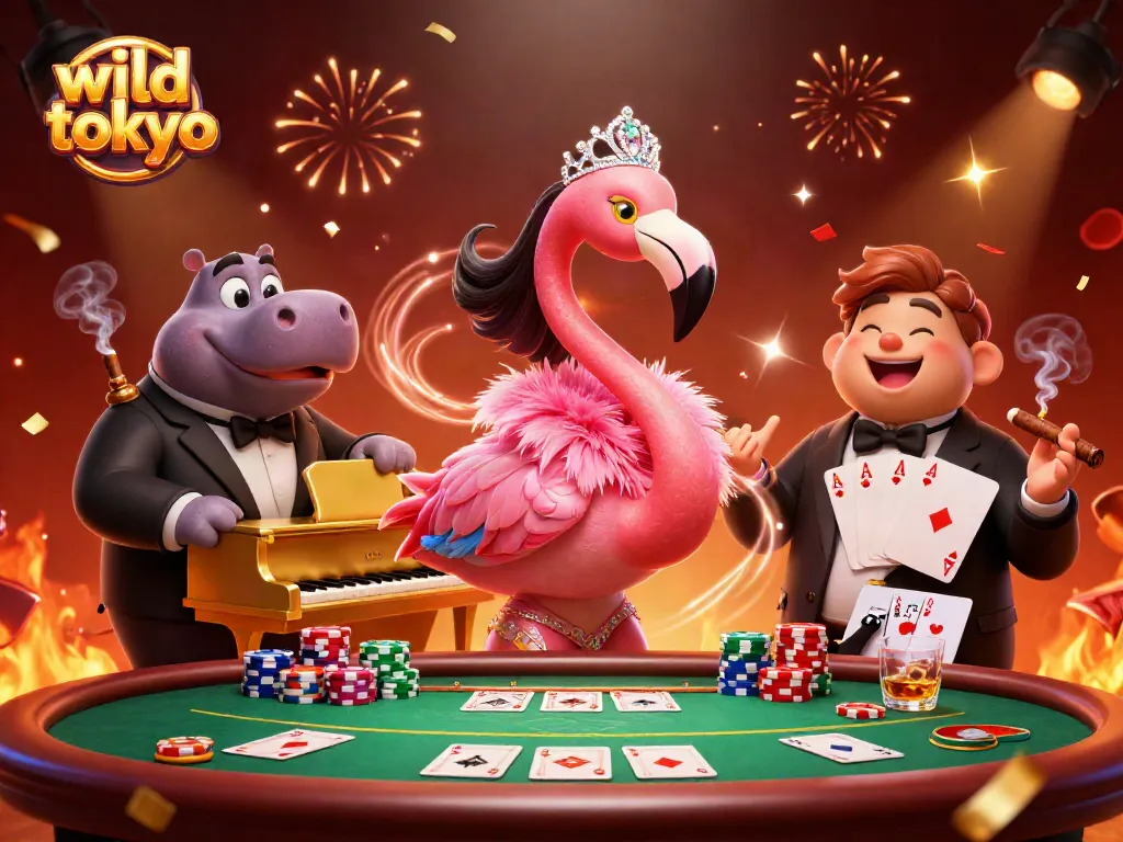 Spin and win at wild tokyo casino with this vibrant 3D illustration featuring lively characters and gaming elements.