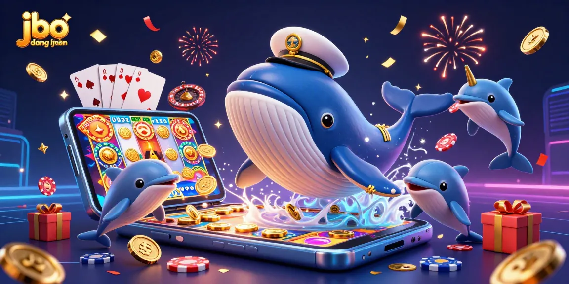Experience jbo đăng nhập with a vibrant 3D casino scene featuring a whimsical whale and lively dolphins.