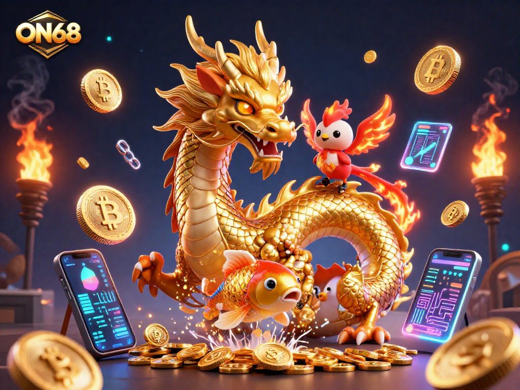 Experience the thrill of ON68 with a fierce dragon and vibrant coins in a magical casino scene.