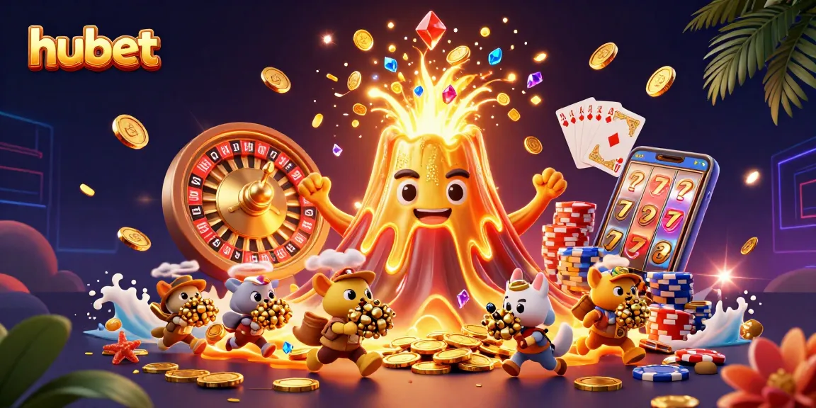 Engage with hubet's vibrant casino world featuring golden eruptions of treasure, dynamic gaming elements, and lively characters.