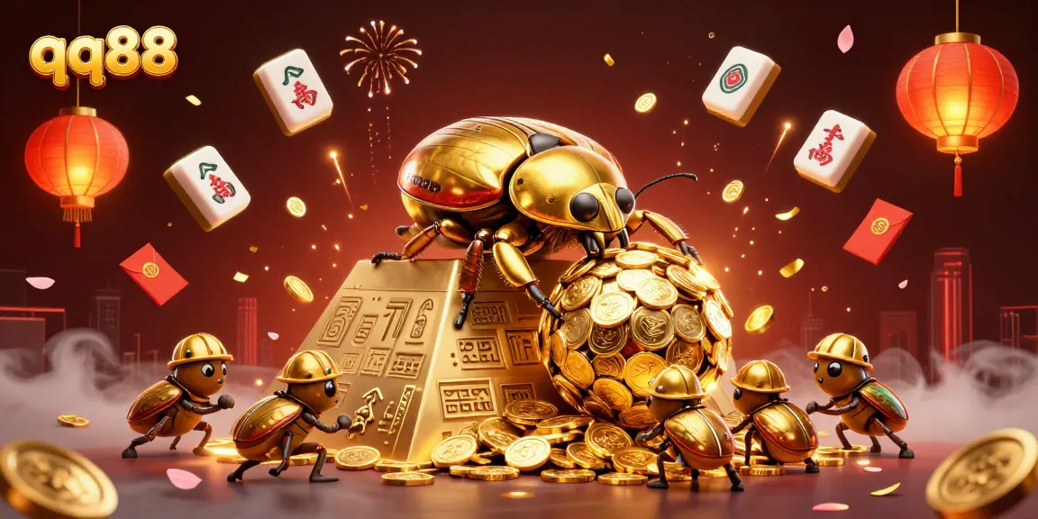 Engage with the thrilling world of qq88 as a golden dung beetle rolls coins to victory in a vibrant casino scene.