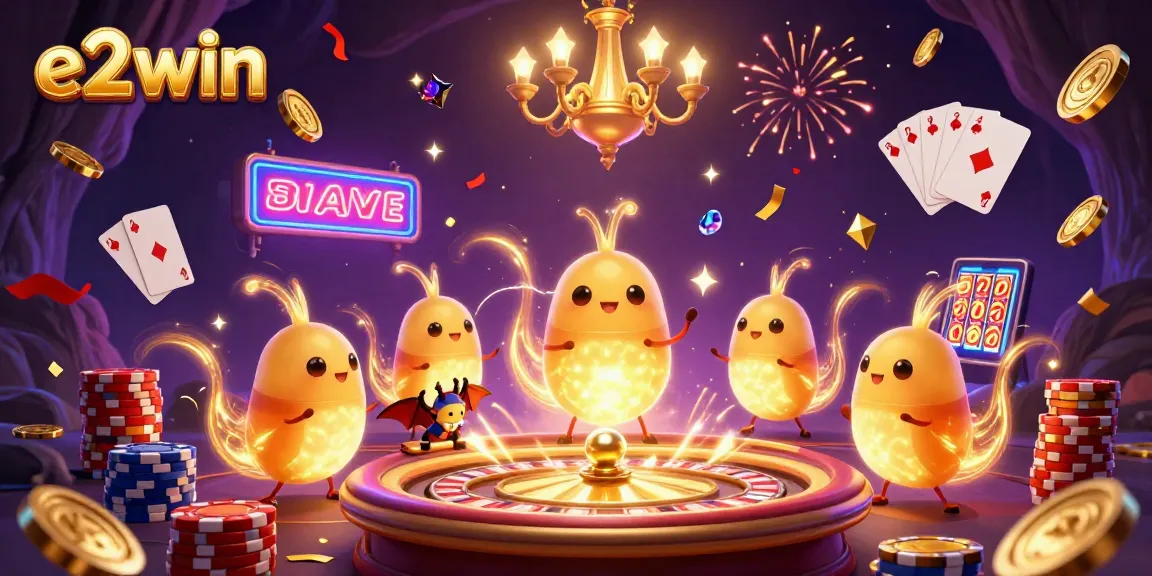 E2win's vibrant casino scene with glowworms, coins, and a bat dealer creating an exciting atmosphere.