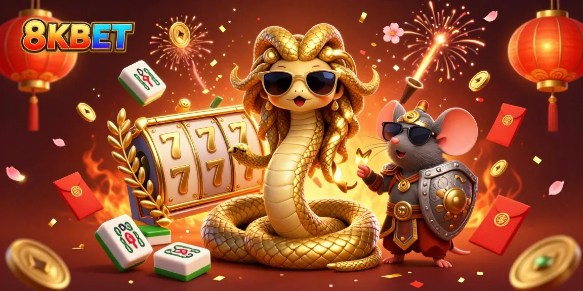Engage in thrilling gameplay at 8KBET with vibrant festive illustrations featuring Medusa and exciting game elements.