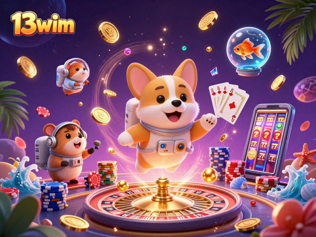 Experience thrilling gaming with 13wim in a vibrant space casino scene featuring playful characters.