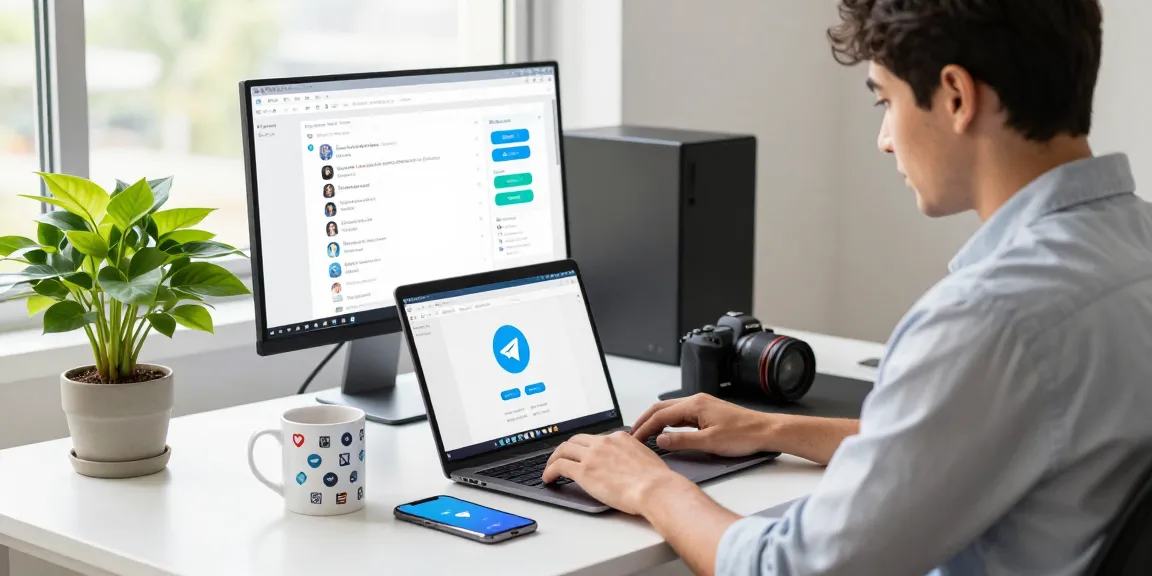 Download Telegram shown on a laptop in a modern workspace, highlighting app features and productivity.