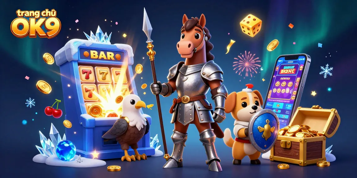 Experience excitement at trang chủ OK9 with a knight and puppy amidst casino elements and jackpot bursts.