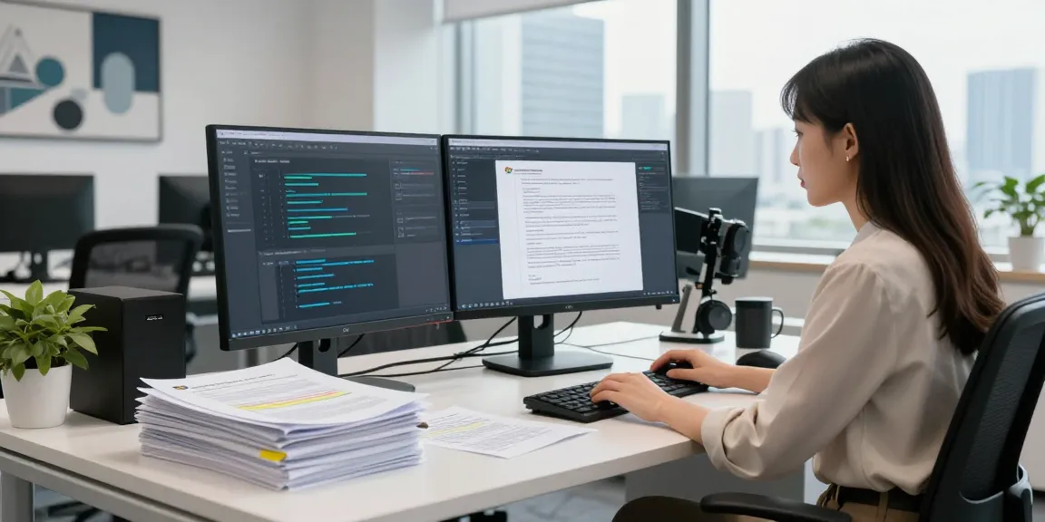 Data analyst examining documents for document fraud detection in modern office
