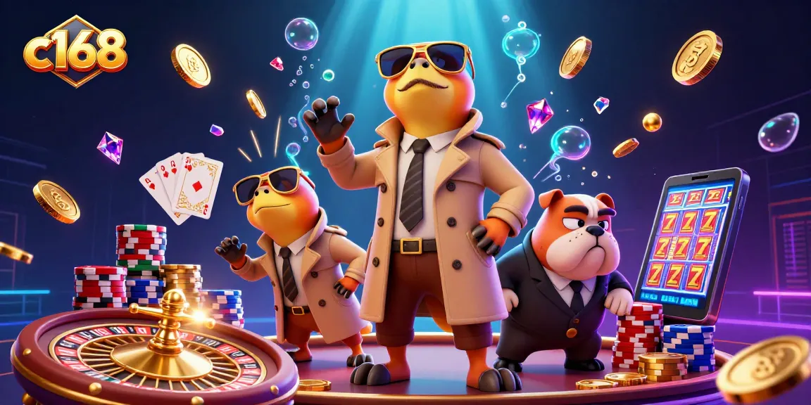 Three raptors in a trench coat enter the VIP lounge of c168 casino amid golden coins and sparkling gems.