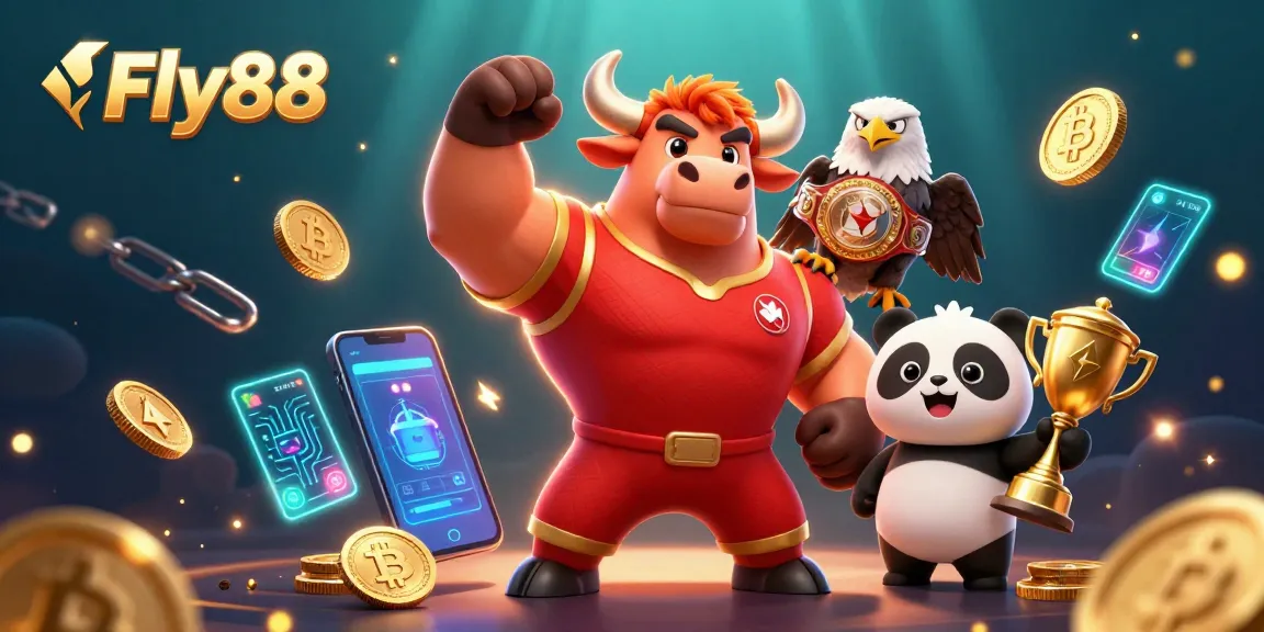 Fly88's vibrant 3D celebration scene showcases victory with a bull mascot, eagle, and panda surrounded by crypto and casino elements.