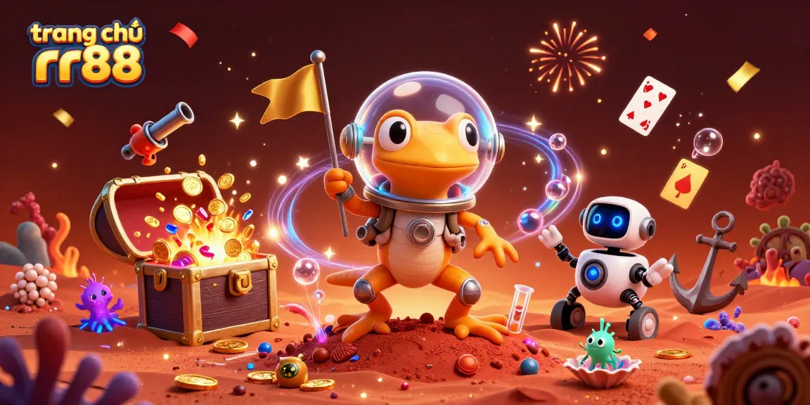 Experience the excitement of trang chủ rr88 with the Martian gecko discovering a golden casino amidst vibrant gaming elements.