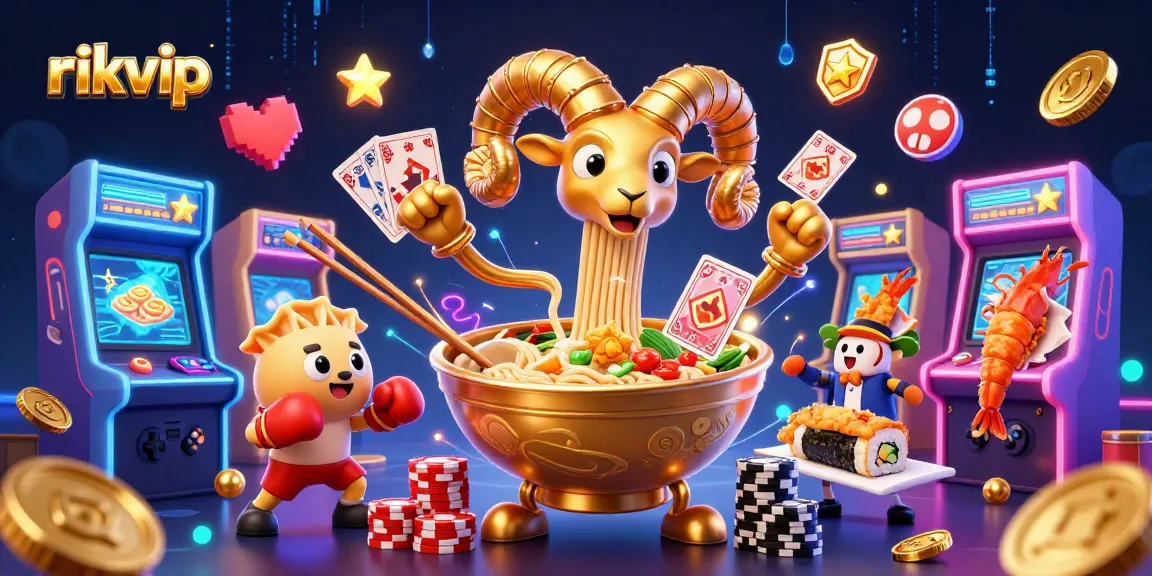 rikvip players stacking chips with a giant ramen bowl dealer in a dynamic casino scene