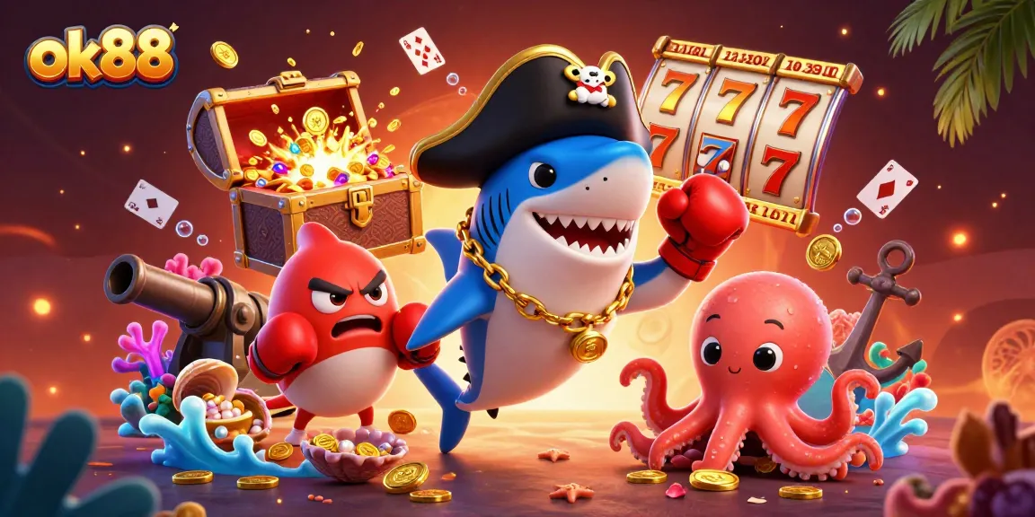 Enjoy exciting wins with ok88 in this vibrant 3D casino scene featuring playful marine characters!