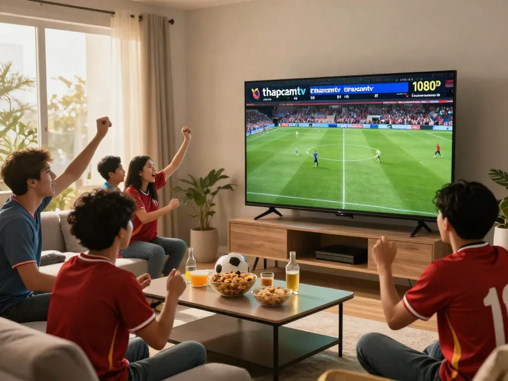 Fans enjoying football on Thapcamtv in a lively living room.