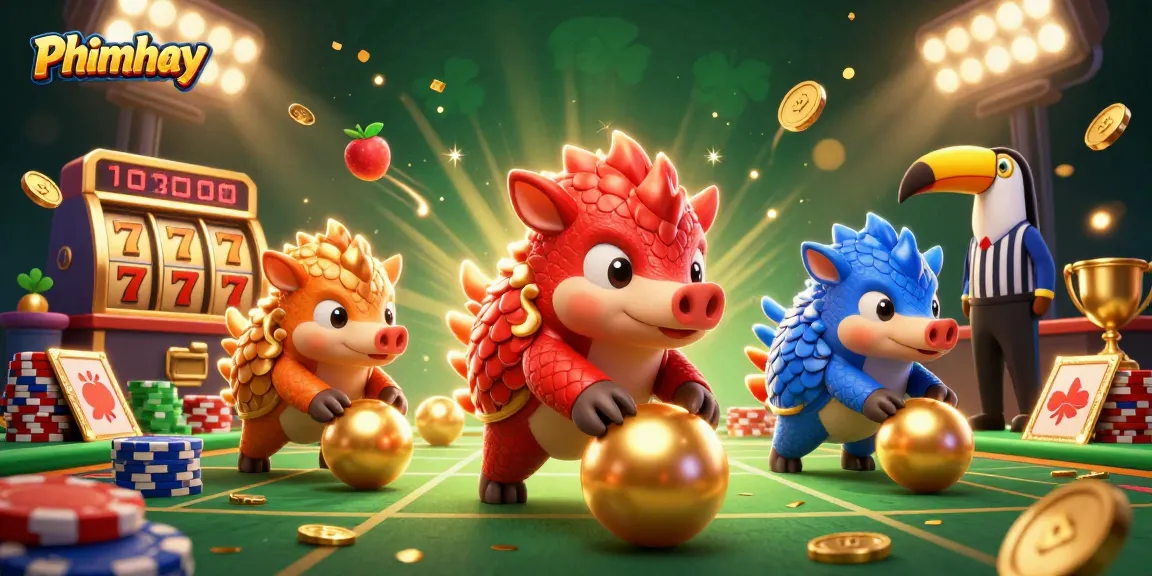 Experience Phimhay's vivid gaming world with rival pangolins and thrilling slot reels.