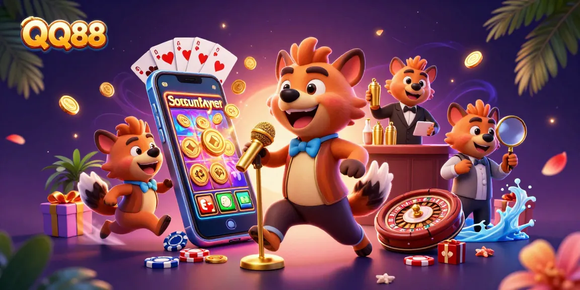 Experience QQ88 with a vibrant casino atmosphere featuring hyenas in dynamic roles amidst colorful gaming elements.