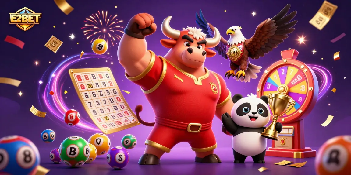 E2BET showcases a vibrant celebration featuring a bull, eagle, and panda with colorful gambling elements.