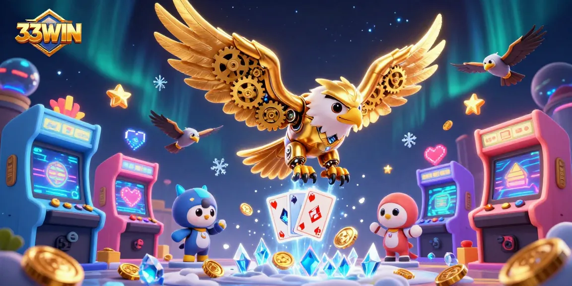 Experience thrilling wins at 33WIN with vibrant casino games and a dynamic golden eagle.