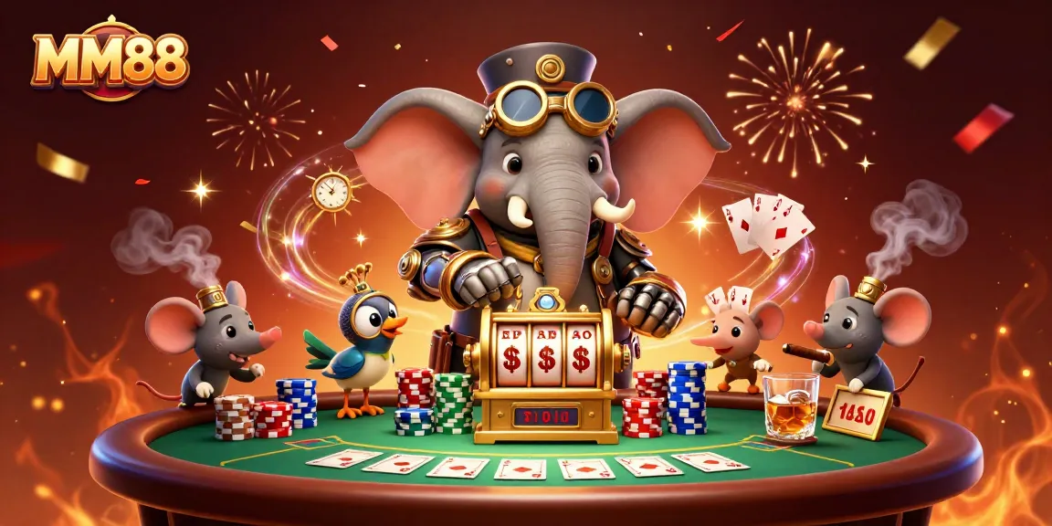 Experience the excitement of MM88 with dynamic steampunk characters at a vibrant poker scene.