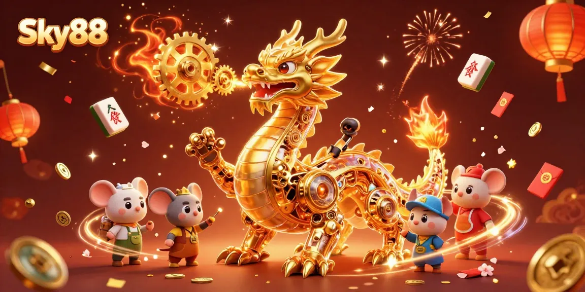 Experience thrilling gameplay at Sky88, featuring a golden dragon and festive gaming elements in a vibrant scene.