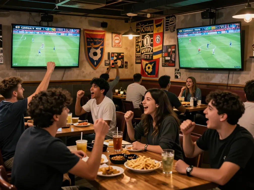 CakhiaTV live streaming soccer match in a vibrant sports bar with cheering fans.