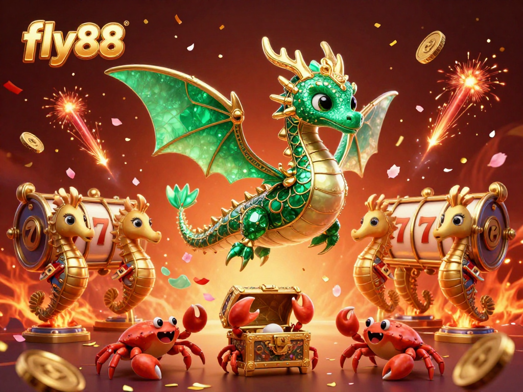 Experience excitement and winning with fly88 in a vibrant 3D casino scene featuring dragons, gold, and slot reels.