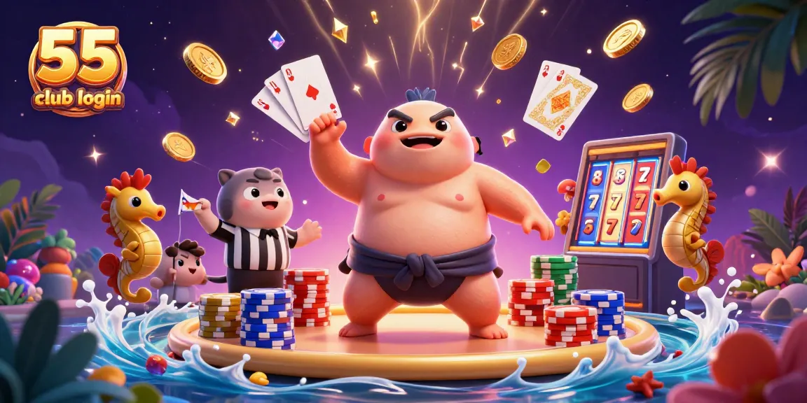 Unleash your chances with 55 club login, featuring a cartoon blowfish in an underwater casino scene.