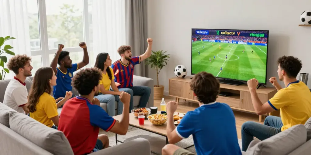Excited football fans watching a live match on xoilactv in a lively living room.