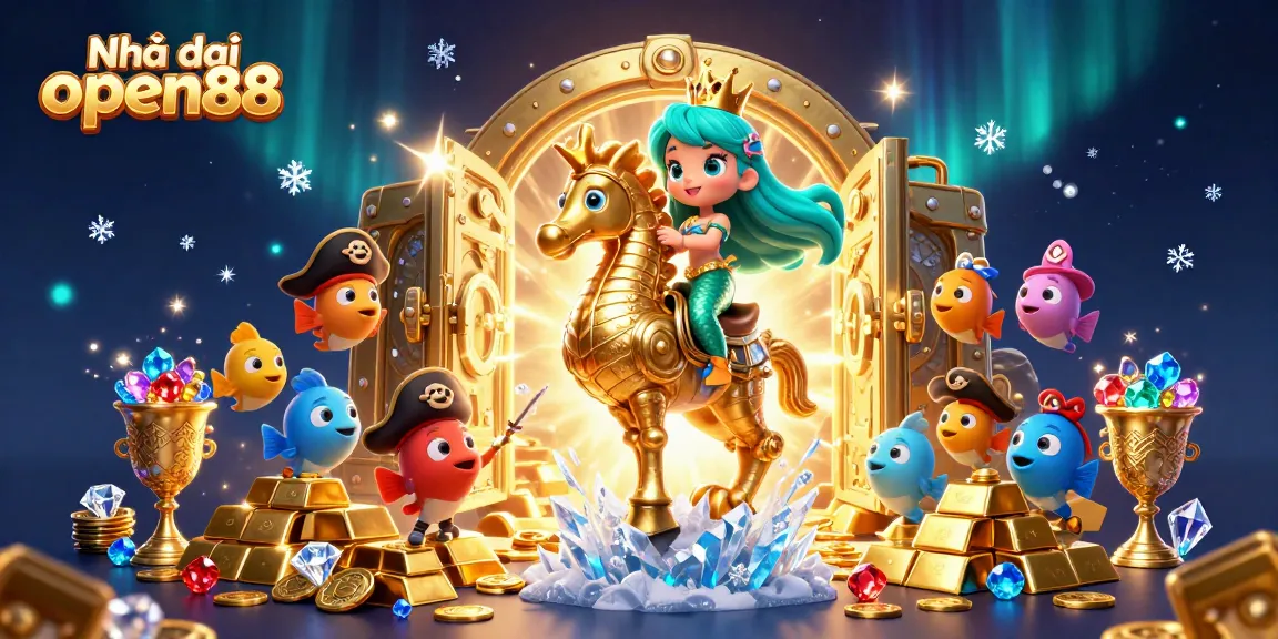 Engaging casino adventure with Nhà cái open88 featuring a mermaid riding seahorse surrounded by treasure.