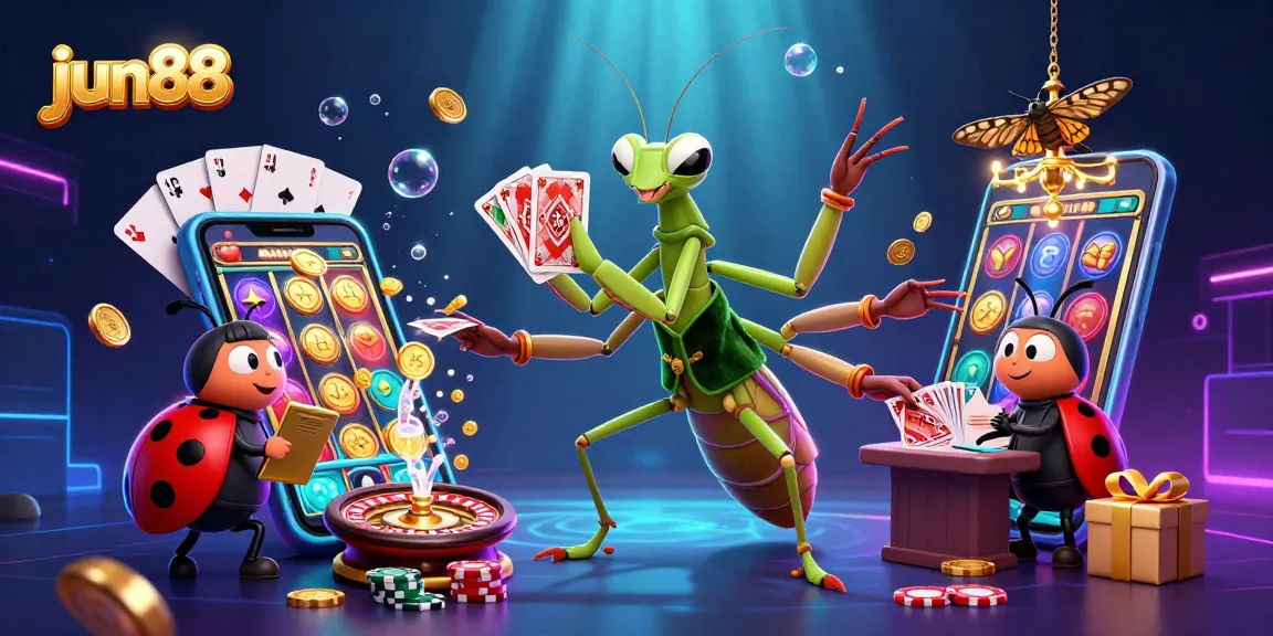 Experience the excitement of jun88 with a stunning 3D illustration of a casino scene filled with vibrant characters and gaming elements.