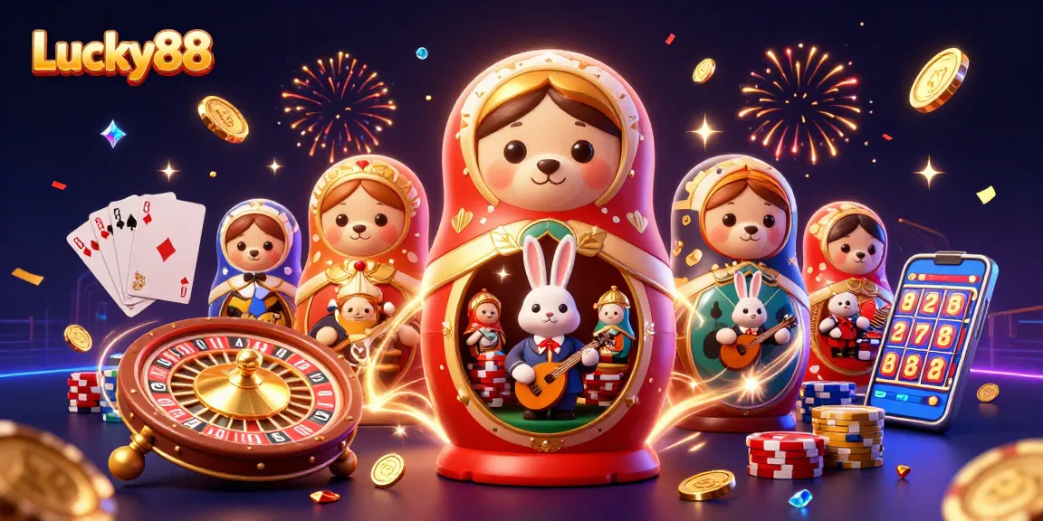 Experience Lucky88's vibrant casino magic with 3D characters celebrating amid dazzling elements.