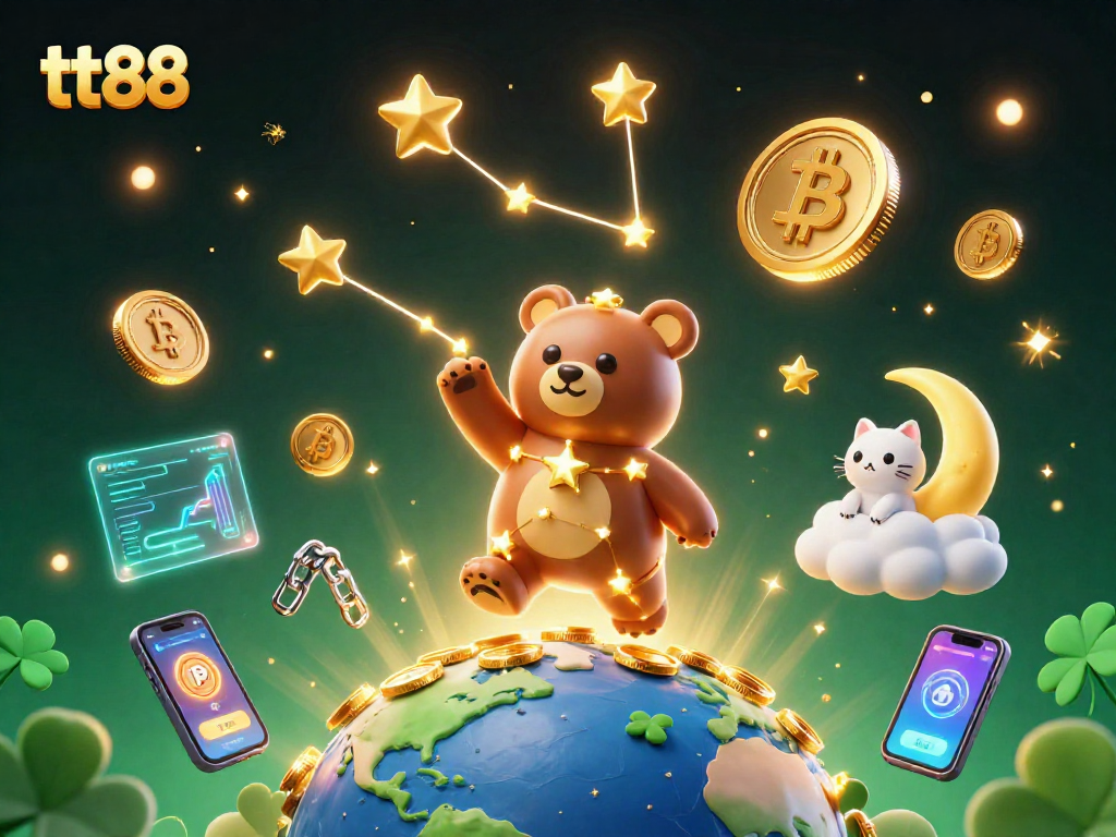 Engage with tt88's vibrant gaming universe featuring a constellation bear collecting coins.