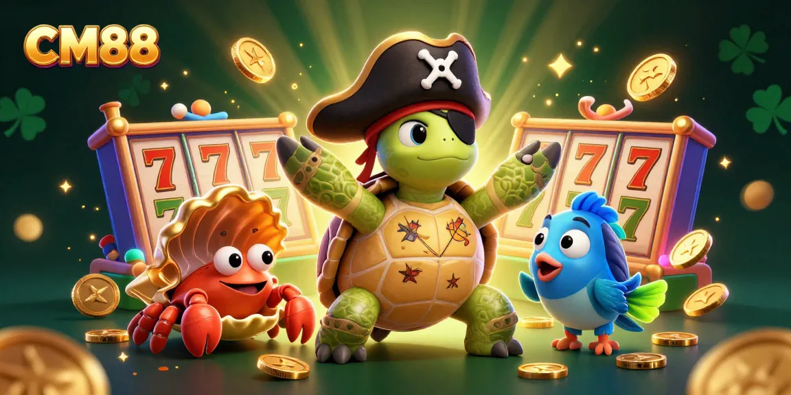 Experience exciting gameplay at CM88 with vibrant cartoon characters and slot reels amid sparkling casino treasures.