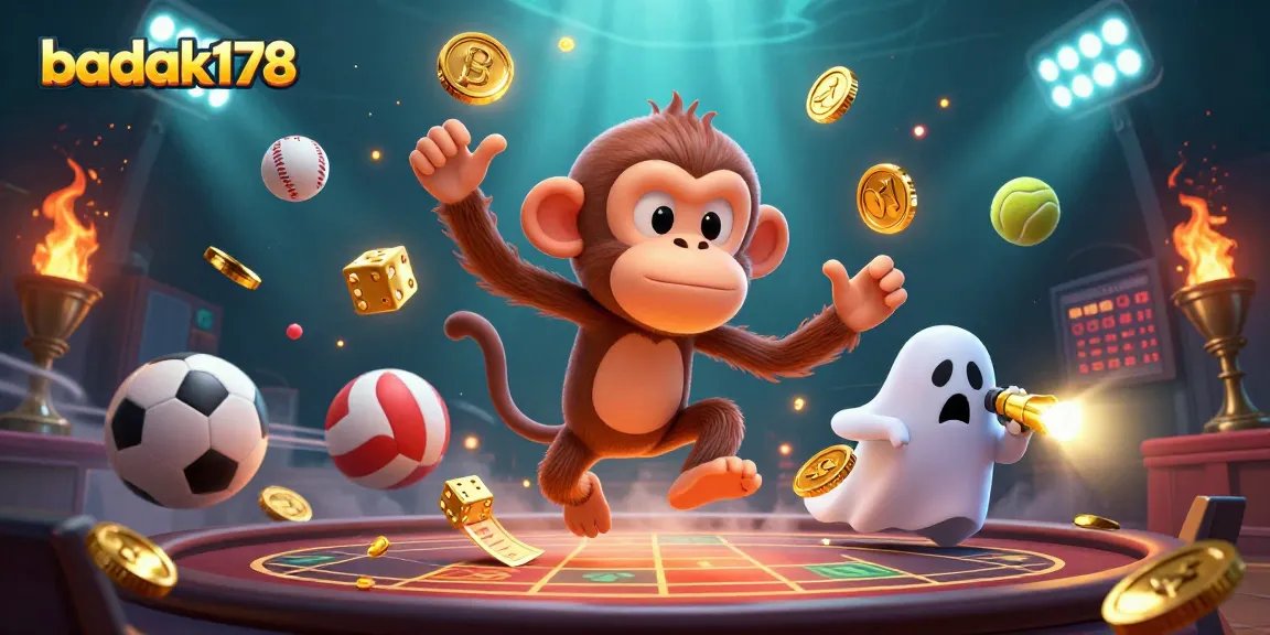 Engage in the thrilling world of badak178 with this vibrant illustration of a playful monkey and a curious puppy navigating a haunted casino.