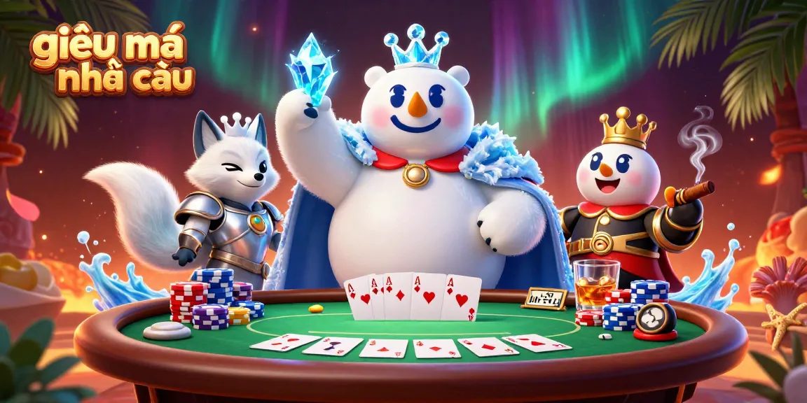 Engage with the exciting "giải mã nhà cái" world, featuring a royal polar bear and a snow fox at a vibrant poker table.