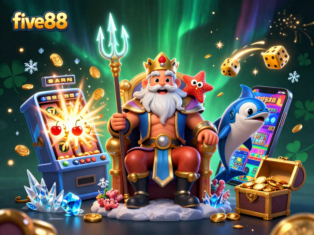 Experience the excitement of five88 with a dynamic 3D illustration showcasing Neptune, slots, and casino symbols.